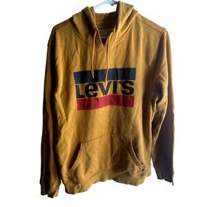 Levi's Logo Screen Print Sweatshirt Hoodie Dark Mustard Yellow Medium Strauss